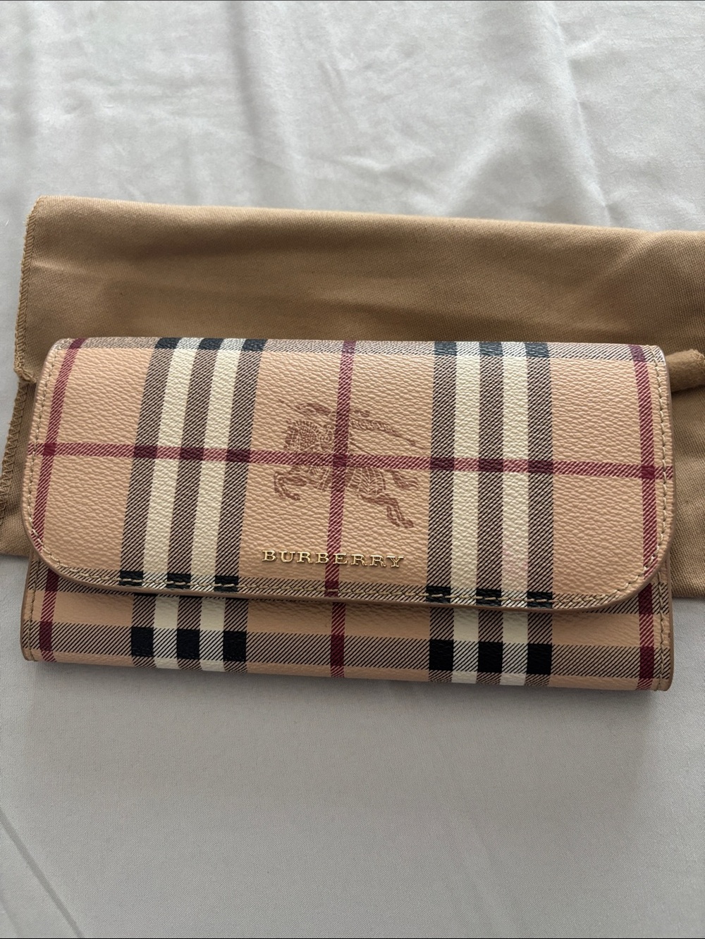 Burberry Tan Nova Check Flap Wallet with Red Stripe